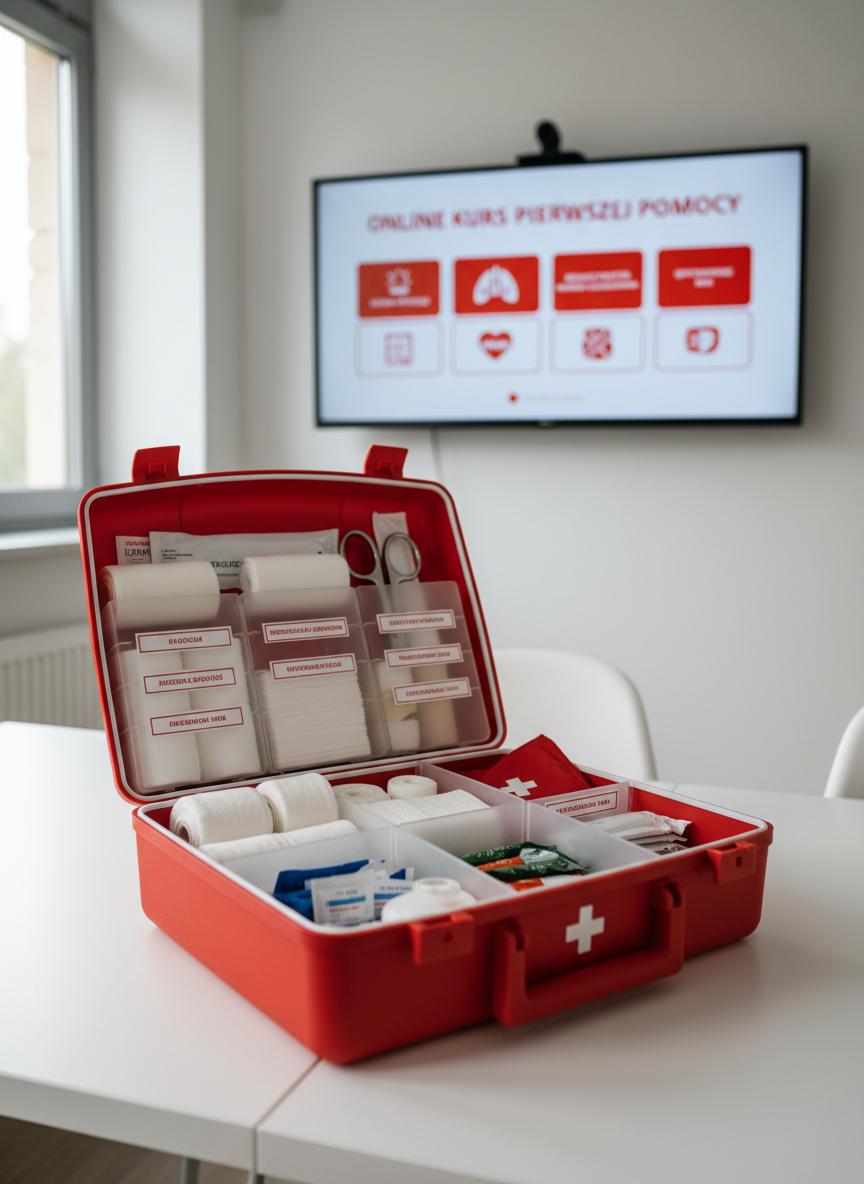 A meticulously organized first aid training workstation, featuring an open, high-quality red and white first aid kit on a clean white table. Inside the kit, bandages, sterile gauze, scissors, a CPR face shield, and antiseptic wipes are neatly arranged in labeled compartments. In the background, a large wall-mounted monitor displays a paused online first aid course interface in Polish, with clear icons and modules. Soft, diffused daylight from a nearby window creates gentle reflections on the kit’s plastic surfaces, emphasizing cleanliness and professionalism. Photographic realism, eye-level composition, with a shallow depth of field keeping the kit in sharp focus while the monitor and minimalist office environment blur softly, conveying a calm, trustworthy, and educational atmosphere.